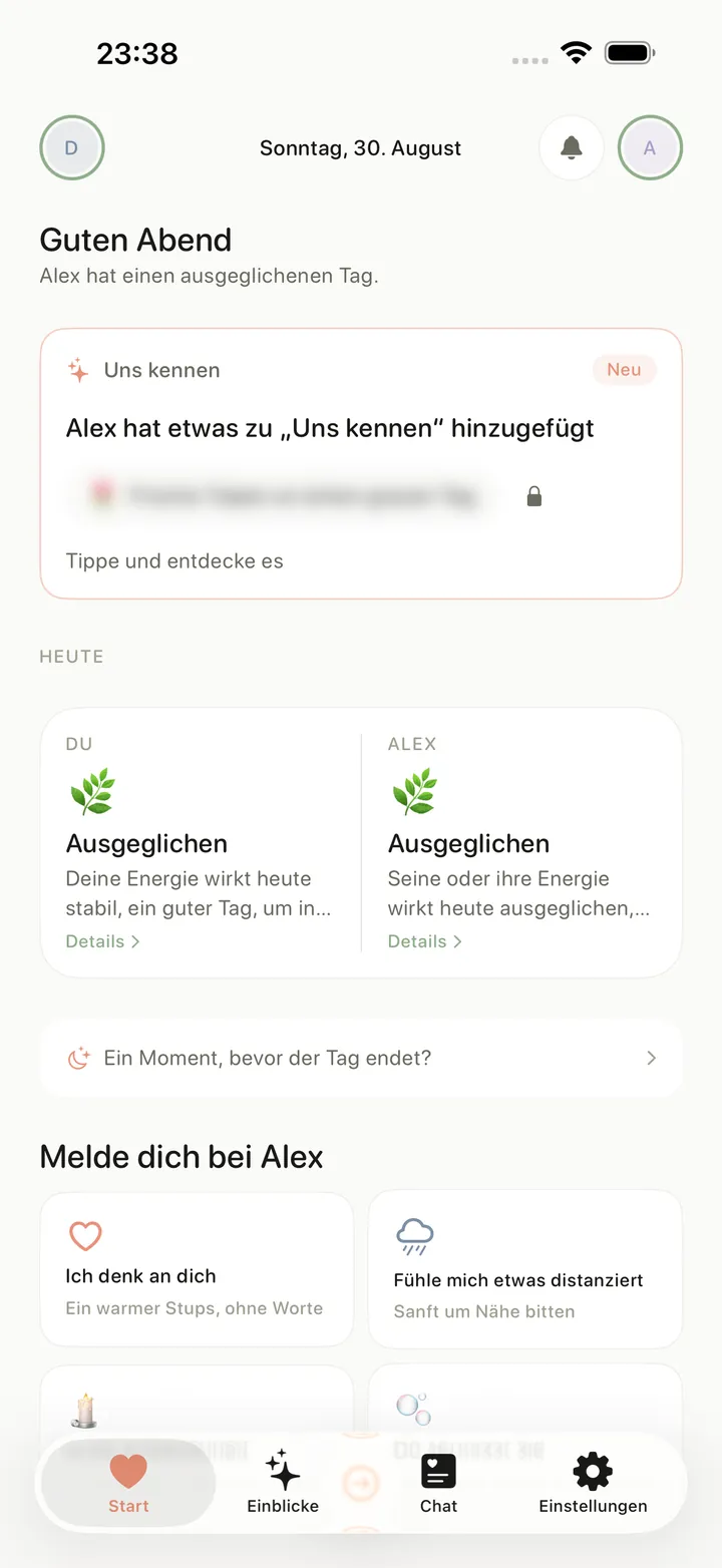 Der Startbildschirm von Pulse auf dem iPhone: wie der Tag bei euch beiden läuft und ein paar leise Wege, sich zu melden