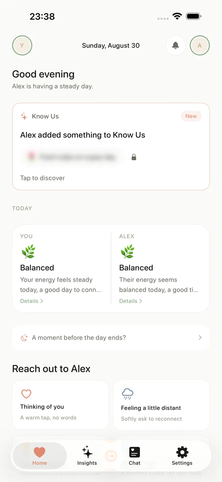 The Pulse home screen on iPhone, showing how each partner's day is going and a few gentle ways to reach out