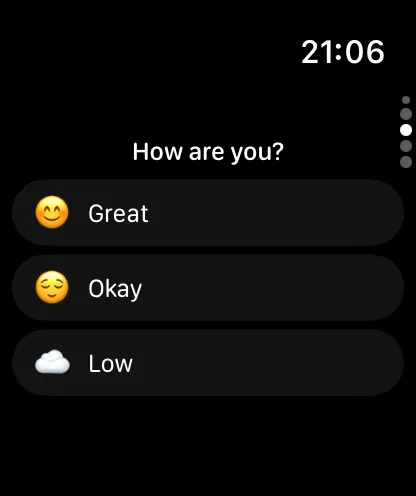 The Pulse mood check-in on Apple Watch, offering three levels