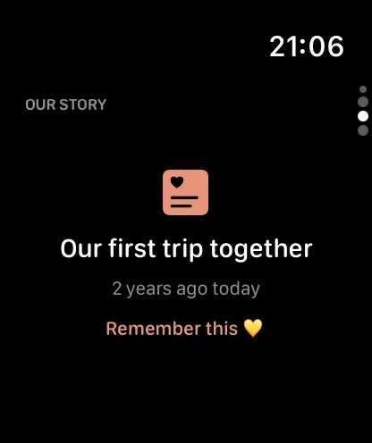 The Pulse Our Story view on Apple Watch, showing a memory from two years ago today