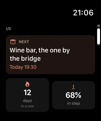 The Pulse Us view on Apple Watch, showing the next shared plan, a twelve day streak and a sixty eight percent match